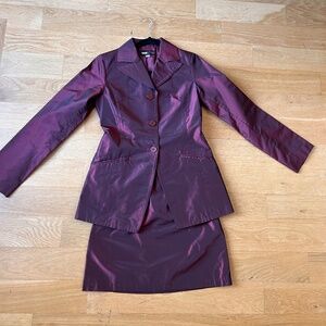 Burgundy Satin 2-Piece Suit Set - Tailored Blazer with Back Bow & Matching Skirt